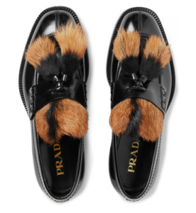 Prada leather tassel loafers with fur