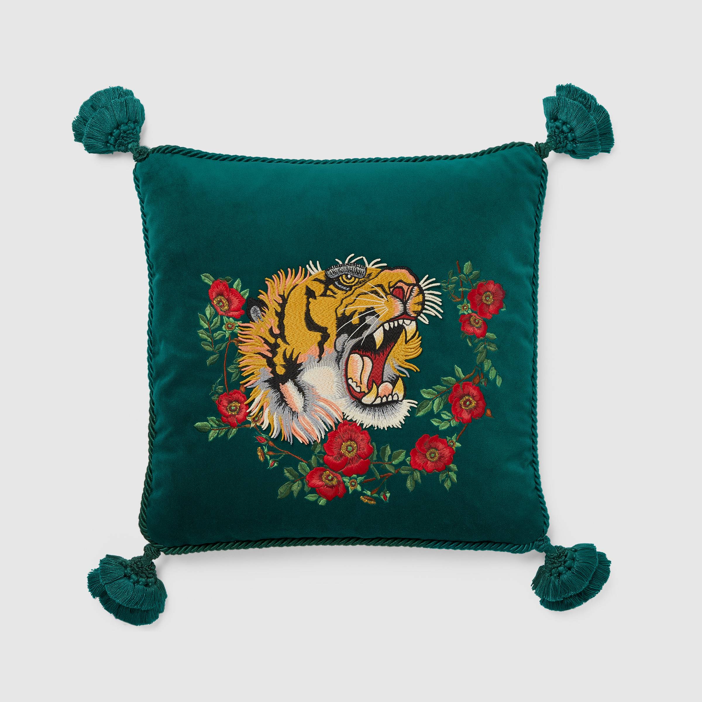 Velvet cushion with tiger embroidery from Gucci Decor