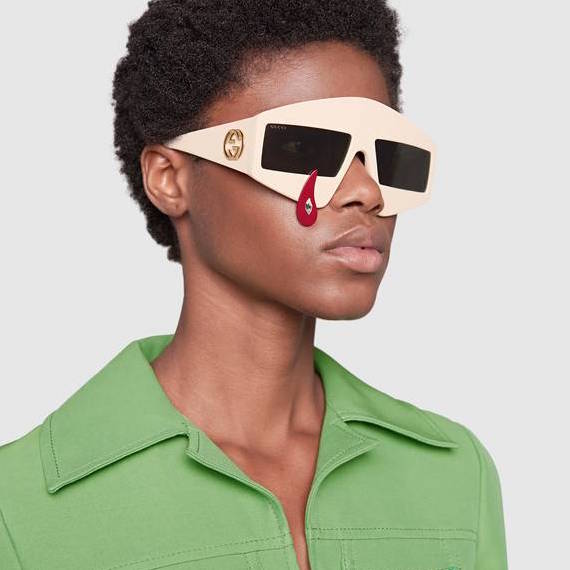 Gucci solglasögon ivory rectangular-frame sunglasses with red tear drop